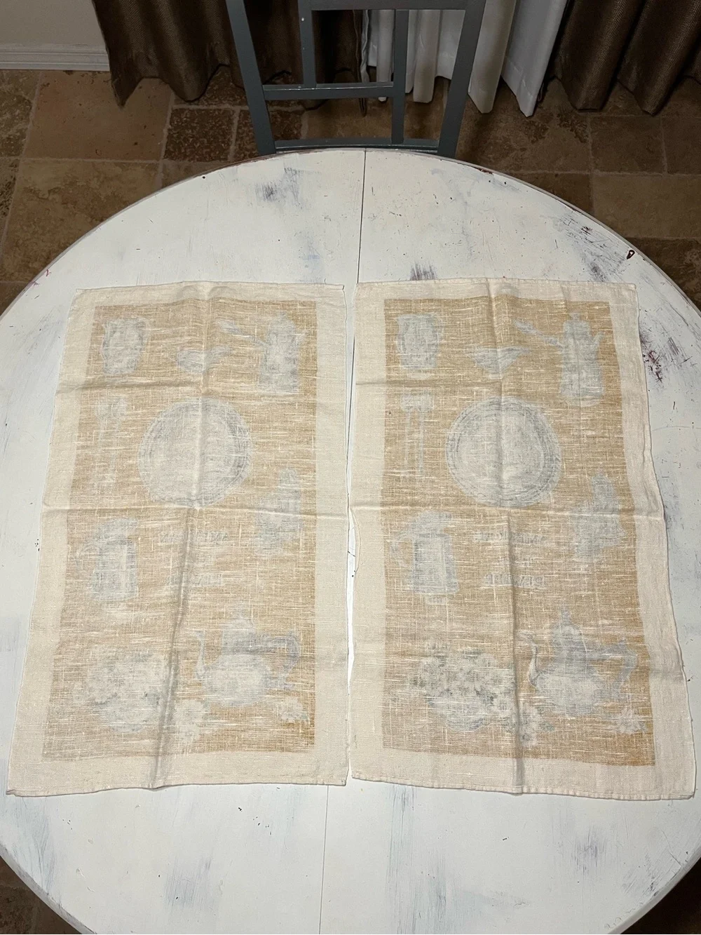 Vintage Kay Dee 100% Linen Hand Printed American Tradition Pewter Tea Towels